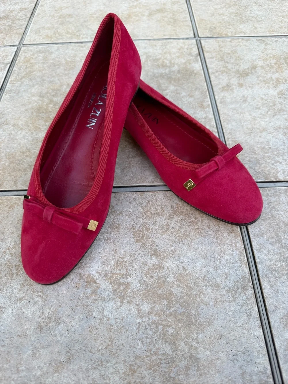 Paola Zuin Audrey Bow Ballet Flats in Bordeaux Red Suede
